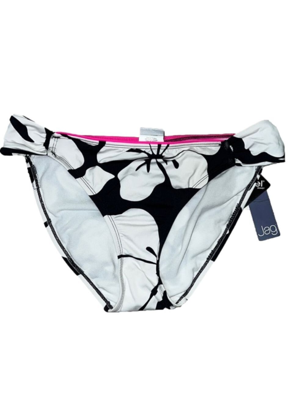 Jag Hawaiian Hibiscus Black, White, & Pink Flower Bikini Bottom -Med NWT